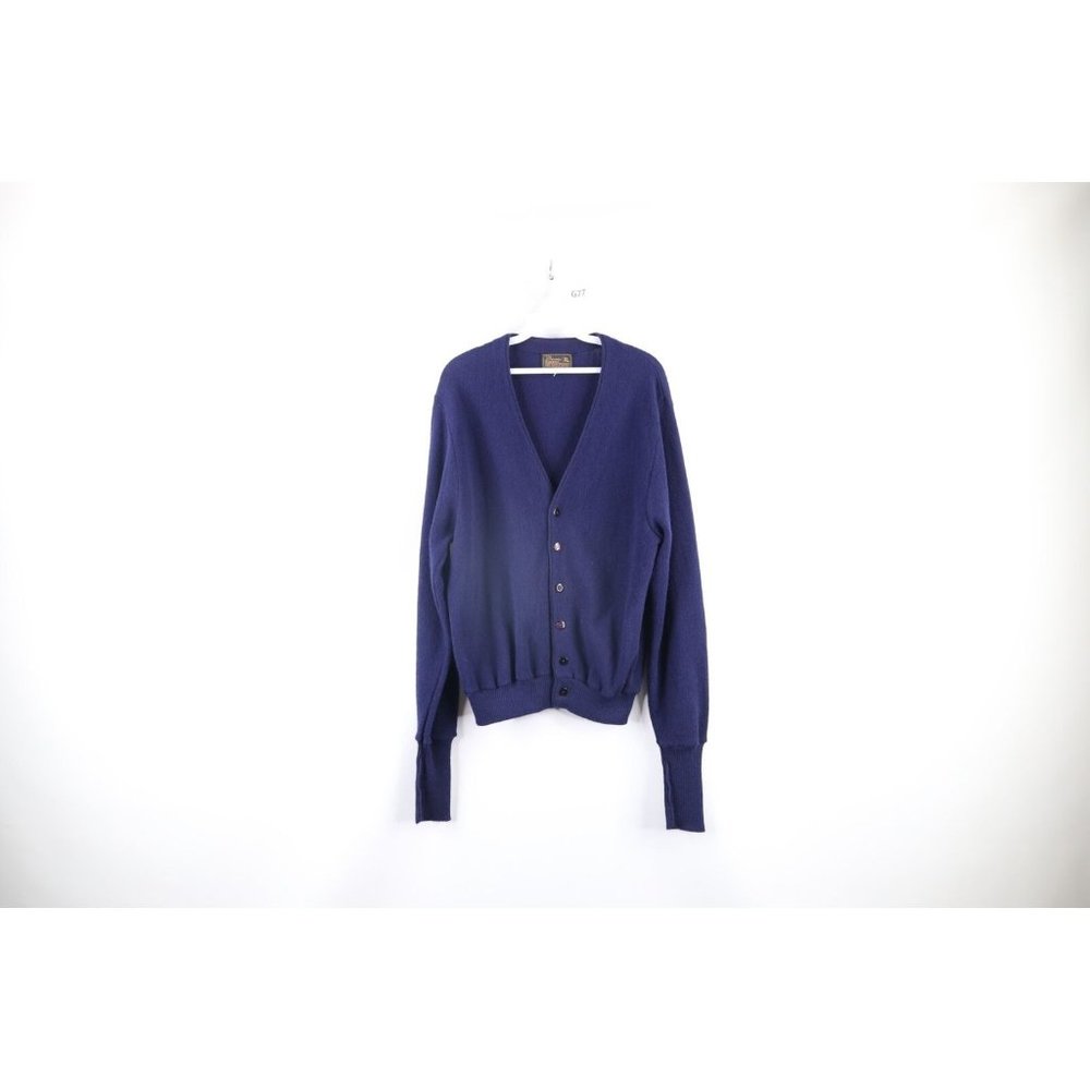 Vintage 70s Streetwear XL Blank Kurt Cobain Knit Cardigan Sweater Blue USA